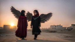 A Palestinian girl have tow wings wearing an palestinian dress in gaza during sunset in winter.