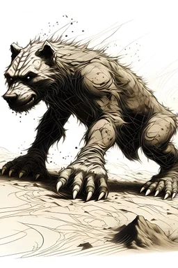 Generate an AI illustration capturing the distinctive tracks of a gnoll in dirt. Highlight the savage imprint of their clawed feet and the erratic pattern, evoking the feral essence of these predatory creatures.