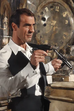 Hickory Dickory dock, He had a most impressive clock, extremely young, 20-year-old Sean Connery, with short, black hair, wearing a black Tuxedo, as James Bond, pointing his Walther ppk pistol and looking where he's pointing, Bright, Colorful, vibrant, clear, 1080p, 32k UHD