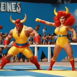 (1960’s stop-motion animation style of las reinas del combate en el suelo in Mexico) Two fierce rivals, one woman with fiery red hair clad in a bold yellow swimsuit, a bull guy in striking blue, engage in a brutal and exhausting battle on the mat. Each move they make is crucial, every shift in advantage a dance between victory and defeat.