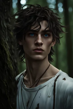 thin 17 year old male with dark tangled and knotty hair and blue eyes wearing a ripped and dirty white teeshirt, in a forest , photorealistic, 4k, dark fantasy