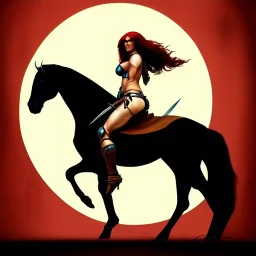 ultra detailed portrait of beautiful Red Sonja Riding a Black Horse and wearing a bikini plate armor, extremely detailed digital painting, extremely detailed face, in the style of Robert E. Howard and Ken Kelly and A.J. Manzanedo ,mystical colors, rim light, beautiful lighting, 8 k, stunning scene, raytracing