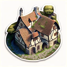 aerial view of a digital artwork of medieval village house as a sticker