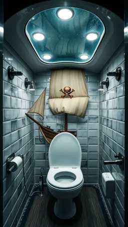 A sailing pirates ship in side floating in a restroom seat