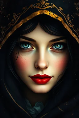 deep rich colors with gold accents, magic lighting, Extremely beautiful vintage woman in a dark with a hood, realistic beautiful deep light blue eyes, very slightly smile, mixed media, patchwork, quaint, Goth, black and white textures, splashes of gold, red lips, by Aubrey Beardsley by Tomasz Setowski by Iwona Lifsches. 3D image, bauhaus minimalistic