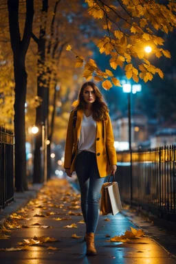 night yellow lights over the street trees autumn leaves under feet ,a Student adult girl with books in her hand walking in street looking to camera her boy friend flowing her with few steps away