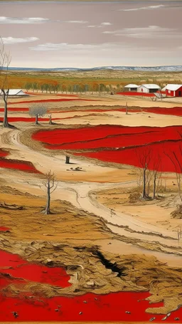 A red arid wasteland with a dry lake painted by Maurice Utrillo