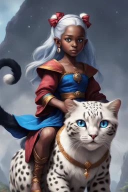 A cute eight-year-old sorceress, with dark skin, straight snow-white hair tied in a braid, with blue eyes, wearing a blue sorcerer gown, riding on the back of a giant furry leopard cat.