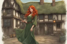 Full body shot of a tall slim pretty, red-headed young female witch, casting magical glowing symbols into the air, dressed in a long flowing green dress, standing in front of a row of cottages and shops with thatched roofs