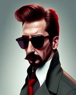 a man who looks like hans gruber wearing a trench coat and red sunglasses staring with a judgmental look on his face