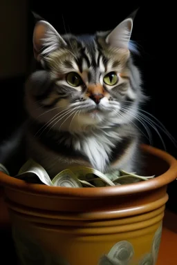 ведро с деньгами кошка
