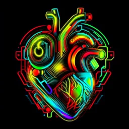 FLAT VECTOR LAYERED 2-D MULTICOLORED COMPLIMENTARY NEON MECHANICAL HUMAN HEART, METALLIC,