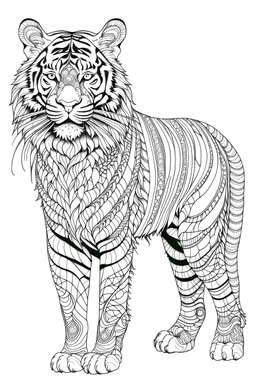 outline art for an Adult coloring page, Tiger with a white background, Sketch style, full body, only use outline< Mandala style, clean line art, white background, no shadows and clear and well