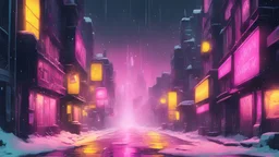 Yellow pink bright colors and. French animation arcane style. Snowy winter in the dark gloomy cyberpunk city