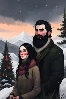 Mountain Christmas scene, dark haired couple, man with black beard art
