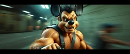 hi speed bad ass cyber punk masculine realistic mickey mouse rambo humanoid with hairy arms and chest, motion blurred background