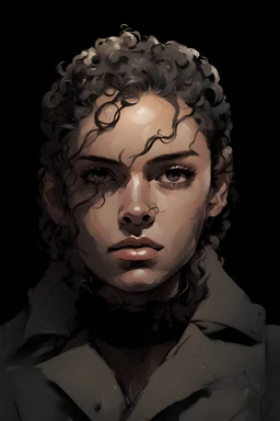 Portrait of a young woman with long curly hair. Include a short black horn on her forehead, and make it distinctive. include gray eyes, with a dark tanned skin complexion. Draw the portrait in the style of Yoji Shinkawa.