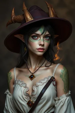 Young adult female human sorcerer, her skin looks dragon like