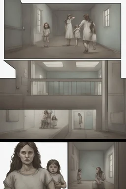 a giant woman protect 3 children, realistic style, interior of asylum