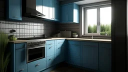 kitchen with blue, on the left side by the window from the bottom up, a microwave and an oven installed in the furniture, and on the right side and next to it an induction hob and a cooker hood above it, on the right side there is a sink and a dishwasher underneath it