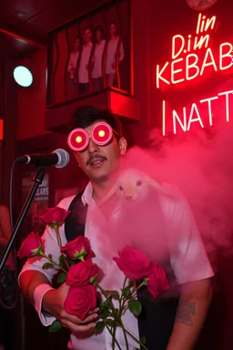 An spanish Guy with "popsicle" big eyes "Enrique" performing at dance club, his name is "Enrique" Red roses On stage, red Neon lights and smog, and "Din KEBAB I NATT" big sign on the wall, serenade under balcony,a female lamb on the balcony
