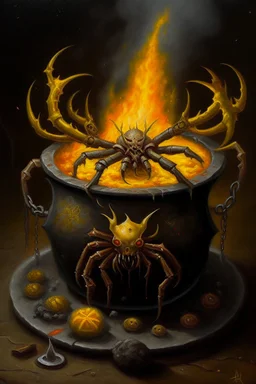 Living cauldron with yellow sigil, slightly demonic crab bat in it, prize winning oil painting