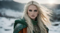 photoreal of a thirty-year-old gorgeous blonde Guardian high priestess of the Eladrin with leather skin with mystical eyes wearing green and orange garments at a snowy icy burning battlefield at dawn by lee jeffries, otherworldly creature, in the style of fantasy movies, photorealistic, shot on Hasselblad h6d-400c, zeiss prime lens, bokeh like f/0.8, tilt-shift lens 8k, high detail, smooth render, unreal engine 5, cinema 4d, HDR, dust effect, vivid colors