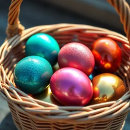 digital photograph — off-center modern wicker basket holds Easter eggs in vibrant azure, emerald, blush, crimson, gold, sapphire, and metallic tones. Each egg's glossy surface reflects intricate dimpled textures under dramatic cinematic HDR backlighting, emphasizing subtle sheen contrasts. Shallow depth of field softens sunlit background in hyperrealistic 8k clarity.