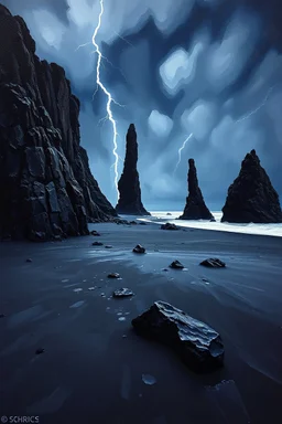 Reynisfjara Black Sand Beach, Iceland : A dramatic black sand beach with towering basalt columns, rendered in oil paint with thick impasto strokes to capture the rugged texture of the rocks. The sky is dark and stormy, with lightning illuminating the scene. Use a palette of cool tones to create a moody atmosphere, and incorporate a sense of awe and wonder through the dramatic contrast between the dark sky and the bright lightning. Rule of thirds, golden ratio, leading lines, balanced composition