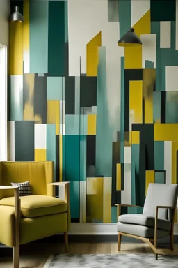 Create a handpainted wall mural inspired by Cubism, depicting cityscapes with fragmented forms. Use a palette of urban hues, blending charcoal gray, mustard yellow, and muted teal for a contemporary aesthetic