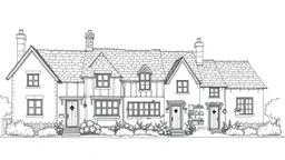 A front elevation fine line drawing of a row of ramshackle fantasy cottages.