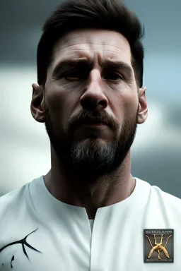 Ultra Realistic image, sculpture, white marble material, Lionel Messi, Laurel leaves crown, miguel angel style, chisel style, emperor, waist up portrait, epic, celestial, cinematic lighting, God light, god rays, 4k resolution, smooth details, ornate details, soft lighting, unreal engine 5, sky background.