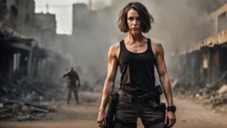 beautiful slender caucasian female technician with a knife, black tank top, well toned muscles, weathered face, scratched sand camo metal details, short brunette wavy bob haircut, dystopian, postapocalyptic city scene with smoke and explosions. giant robot in the background