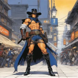 (in the style of Orion, by Masamune Shirow) a cowboy ready for the duel in Main Street
