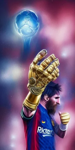 Insanely detailed portrait of messi wearing an infinity gauntlet bearing a world cup trophy emblem::perfect proportions::by Artgerm, Greg Olsen, Pixar, WLOP:: hyperrealistic, hyper detailed,photorealistic::a masterpiece,incredible composition,amazing depth, imposing,meticulously composed,8k::unreal engine ::Mappa studios::detailed matte painting,deep color,fantastical,intricate detail,splash screen,complementary colors,fantasy concept art, 8k resolution trending on Artstation Unreal Engine