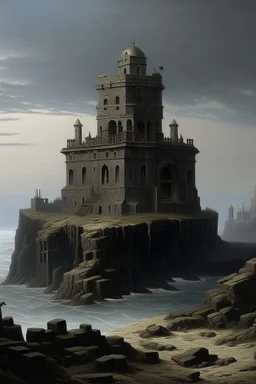 A black shelled fortress covered in tar painted by Caspar David Friedrich