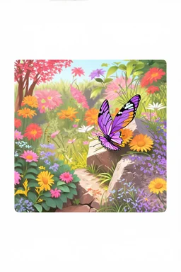 One striking, purple butterfly on a rock in a colorful garden background , child book illustration style, butterfly must be the same as reference image