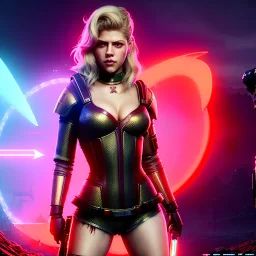 Actress, Katheryn Winnick, retro futuristic, sexy, short hair, blood, portrait, samurai style, 16 bit, unreal engine 5, god lights, ultra hd, vibrant color, night city background, neon, front view.