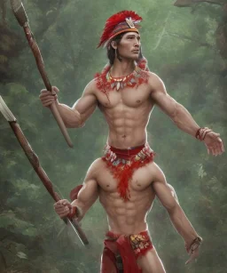 Guaicaipuro, native american god, tall and muscular warrior, red feathers headdress, shirtless, holding a stone tip spear