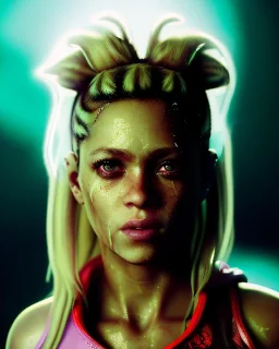 portrait, Shakira, blonde artist, angry, Realistic image, boxing robe, hoodie, mouthguard, nose band aid, loose long hair, eyes make up, perfect, glow, circle iris. Rain, fog, Neon colors, leds. Dark background, photo studio, neon lights. concept art, smooth, unreal engine 5, god lights, ray tracing, RTX, lumen lighting, ultra detail, volumetric lighting, 3d, finely drawn, high definition, 4k.