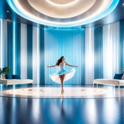 beautiful dance stage with a beautiful girl dancing in luxury modern hall dynamic lights, modern furniture light blue & cream theme