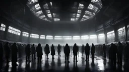many people man and women standing in circle, one man in centre, inside dark extremely large sci-fi old hangar high ceiling, dark room, rain, wet, ambient light, photographic, black and white