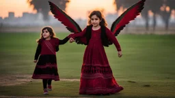 A Palestinian girl have wings wearing an embroidered dress in gaza during sunset in winter.