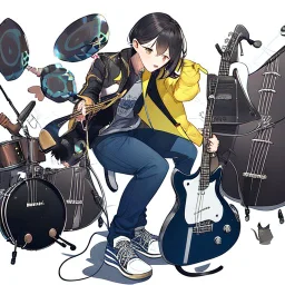 NFT anthropomorphic (((cat rok band))), wearing jacket, jeans and sneakers, cat playing acoustic drums, cat playing electric guitar and singing cat, cartoon, white background