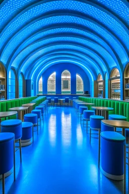 A restaurant whose outer walls are oval in shape, the color of the inside is blue, and its floor is light, with a bar table in the middle of the restaurant in the shape of an oval containing 30 chairs