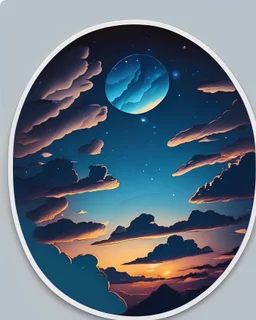 un hermoso paisaje del cielo en la noche en un circulo , sticker, caricatura