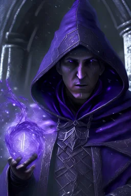 10k Hyper realistic detailed Skyrim Hooded Dark Mage using his purple time spells at the College Of Winterhold