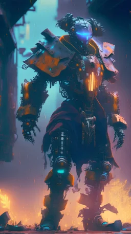 nice robot, extravagant clothes,post apocalyptic, a masterpiece, dynamic lighting, hyperdetailed, splash screen art, trending on Artstation, deep color, Unreal Engine, volumetric lighting