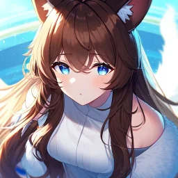 Clear focus, High resolution, Long fluffy brown hair, blue eyes, wearing a white skirt, detailed outfit, wearing a jacket oversized off shoulder, rough line, hair above ears, dog ears, off shoulder white shirt