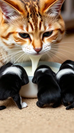 4 small puppies drinking milk from a cat